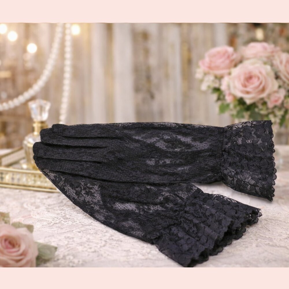 Black Lace Gloves Wrist Length w Ruffle Dressy Weddings Party Bridal Prom - Picture 5 of 5